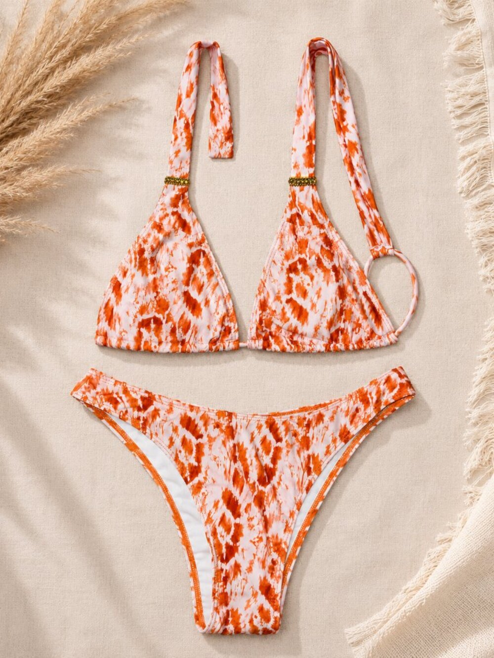 Orange Abstract Print Bikini Set With Gold Details